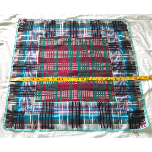 Vintage Morsly Scarf Tartan Plaid Square Geometric Italy 27" Blue Green - Picture 4 of 10